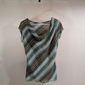 Smiley Collection Women's Blue & Orange Asymmetrical Striped Cap Sleeve Blouse